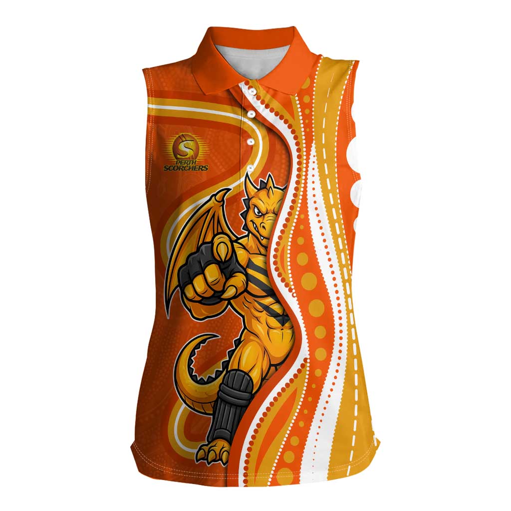 Perth Scorchers Women Sleeveless Polo Shirt Aboriginal Dot Art Orange White - Tribal Wave Pattern