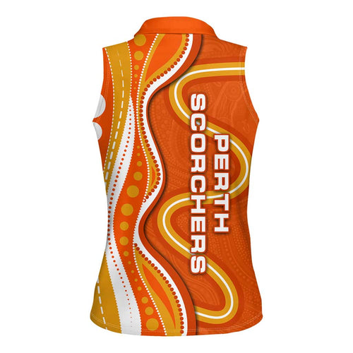Perth Scorchers Women Sleeveless Polo Shirt Aboriginal Dot Art Orange White - Tribal Wave Pattern