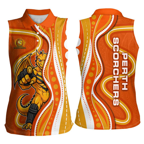 Perth Scorchers Women Sleeveless Polo Shirt Aboriginal Dot Art Orange White - Tribal Wave Pattern