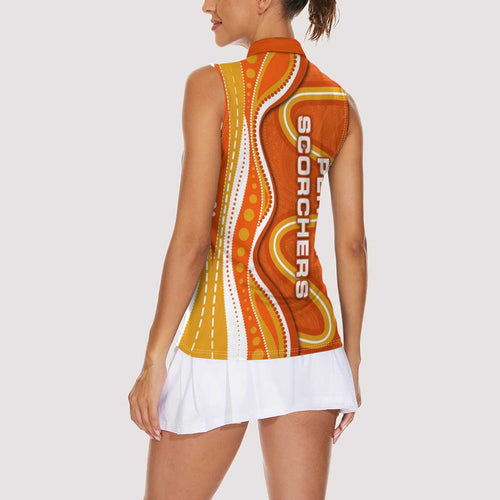 Perth Scorchers Women Sleeveless Polo Shirt Aboriginal Dot Art Orange White - Tribal Wave Pattern