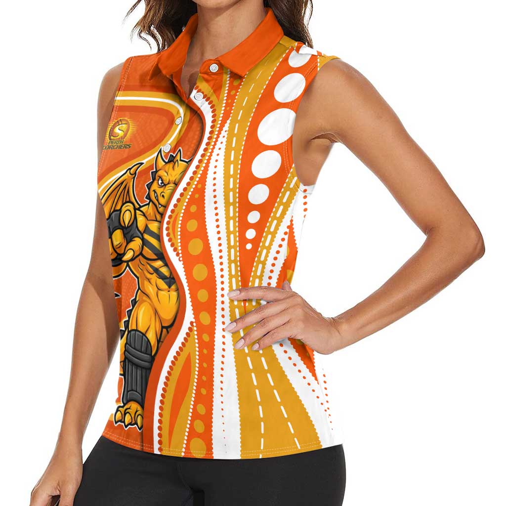 Perth Scorchers Women Sleeveless Polo Shirt Aboriginal Dot Art Orange White - Tribal Wave Pattern