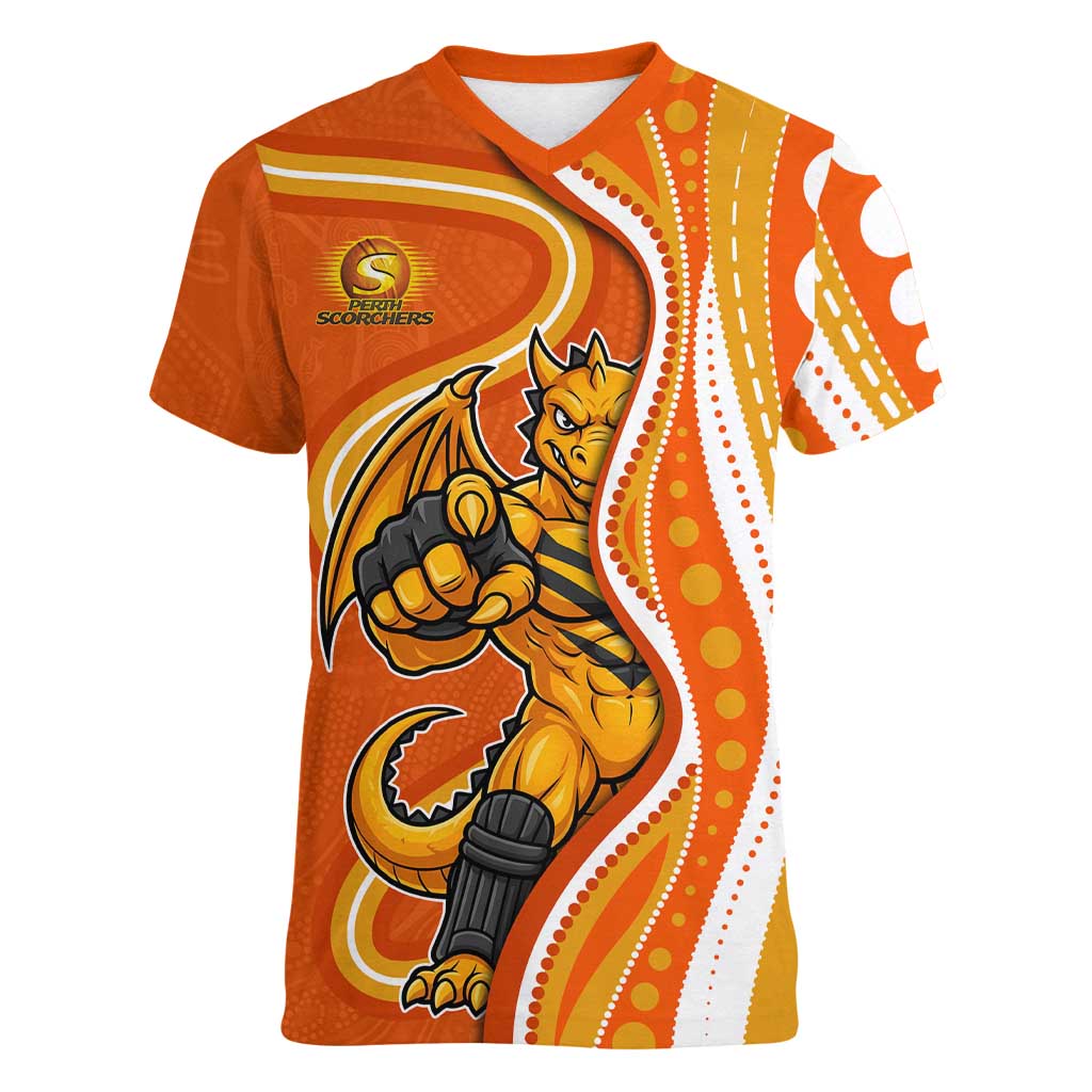 Perth Scorchers Women V-Neck T-Shirt Aboriginal Dot Art Orange White - Tribal Wave Pattern