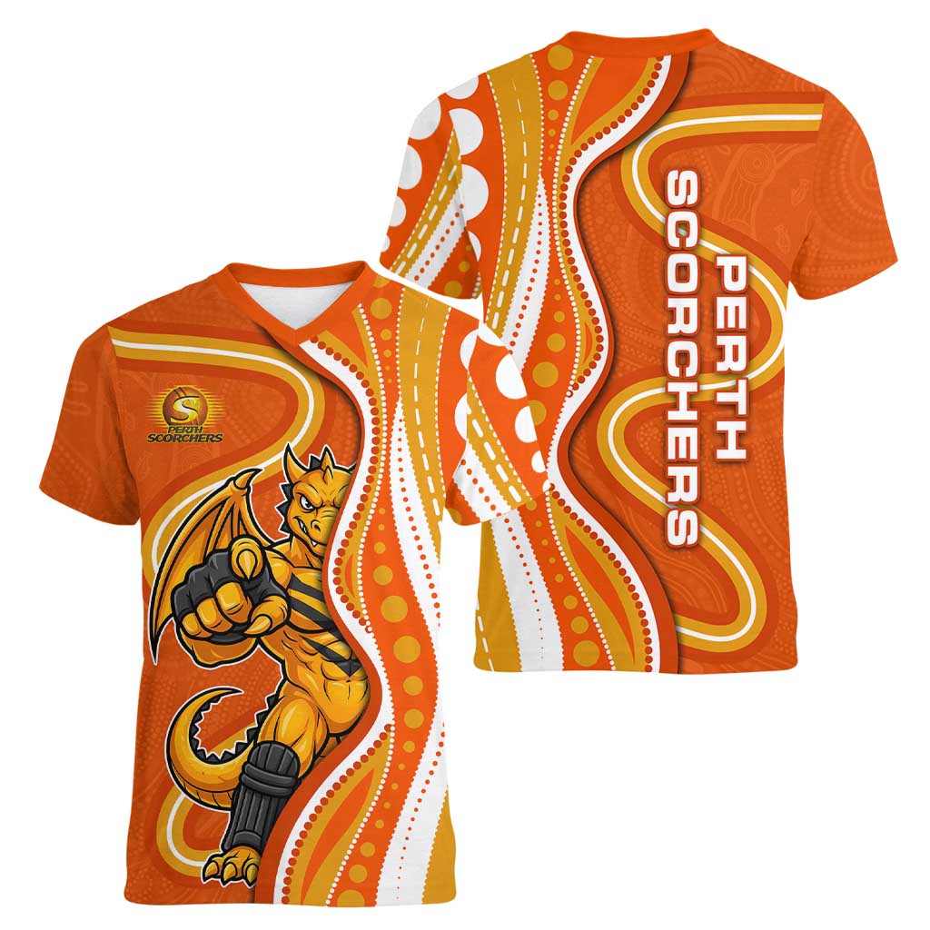 Perth Scorchers Women V-Neck T-Shirt Aboriginal Dot Art Orange White - Tribal Wave Pattern