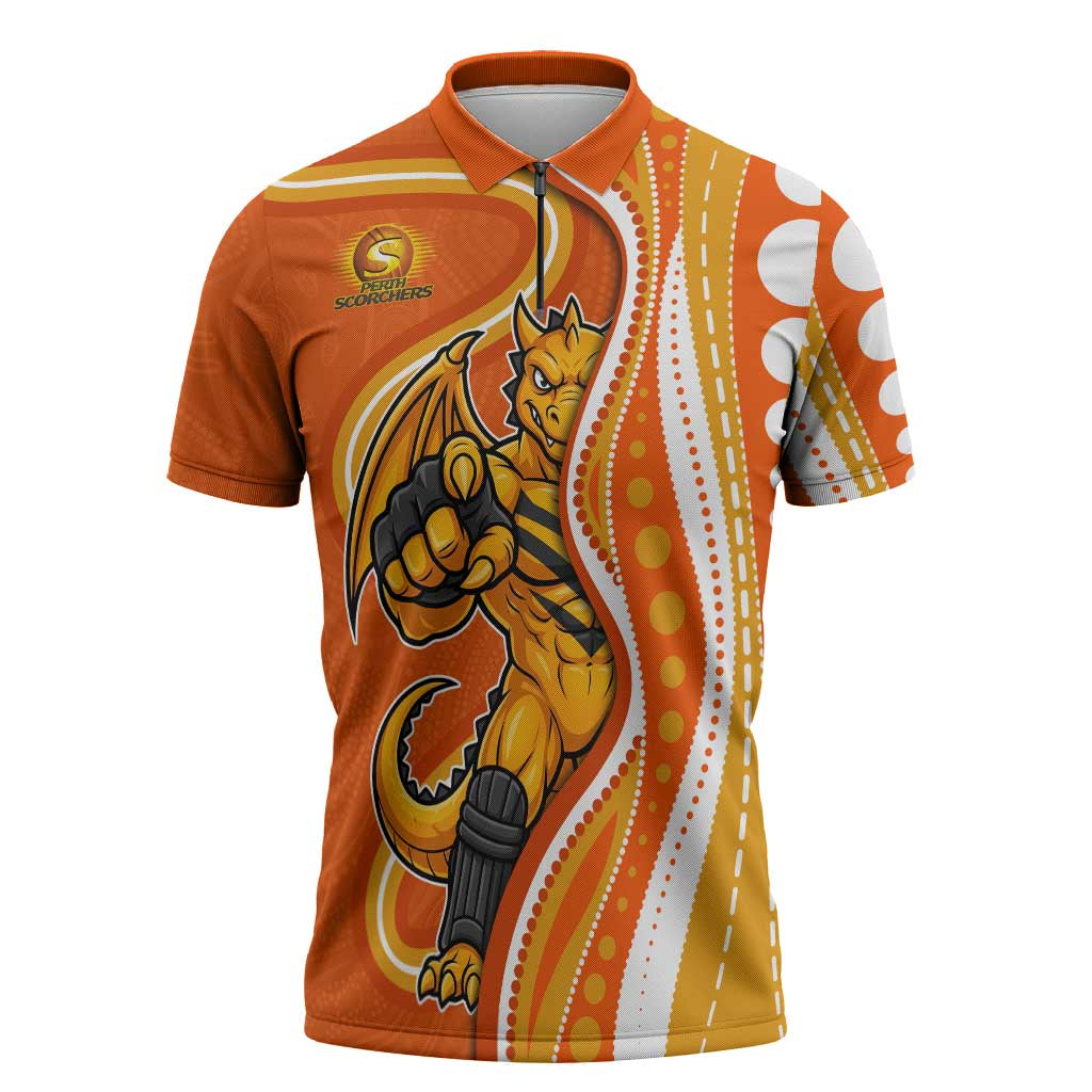 Perth Scorchers Zipper Polo Shirt Aboriginal Dot Art Orange White - Tribal Wave Pattern