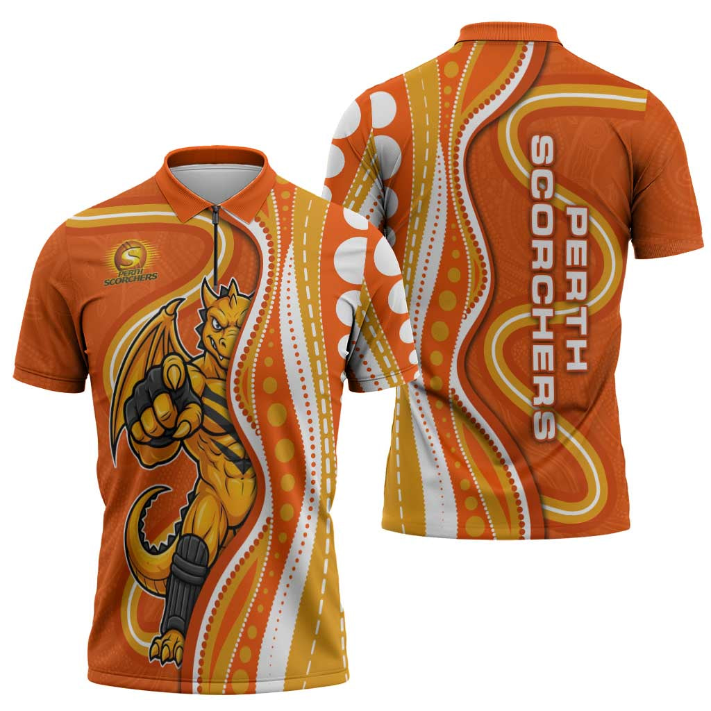 Perth Scorchers Zipper Polo Shirt Aboriginal Dot Art Orange White - Tribal Wave Pattern