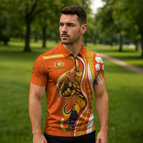 Perth Scorchers Zipper Polo Shirt Aboriginal Dot Art Orange White - Tribal Wave Pattern
