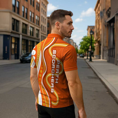 Perth Scorchers Zipper Polo Shirt Aboriginal Dot Art Orange White - Tribal Wave Pattern