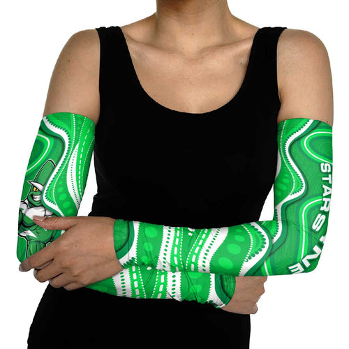 Melbourne Stars Arm Sleeves Aboriginal Dot Art Green White - Tribal Wave Pattern