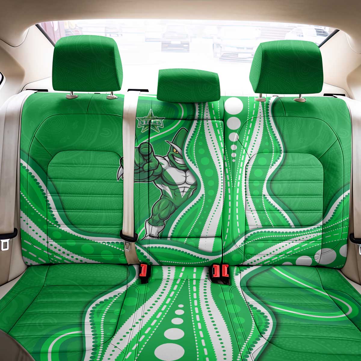 Melbourne Stars Back Car Seat Cover Aboriginal Dot Art Green White - Tribal Wave Pattern