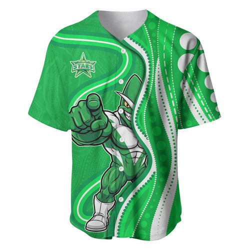 Melbourne Stars Baseball Jersey Aboriginal Dot Art Green White - Tribal Wave Pattern