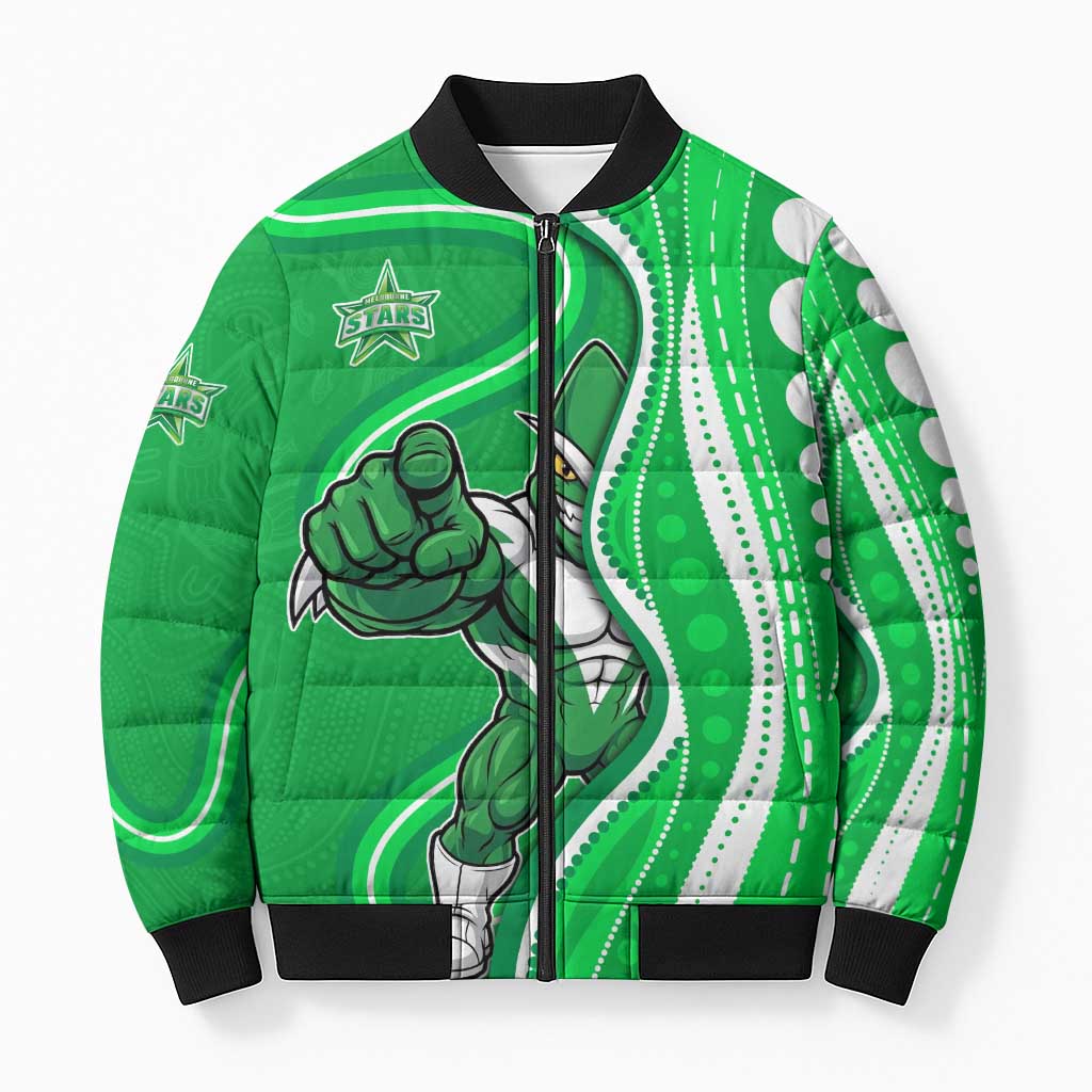 Melbourne Stars Bomber Puffer Jacket Aboriginal Dot Art Green White - Tribal Wave Pattern