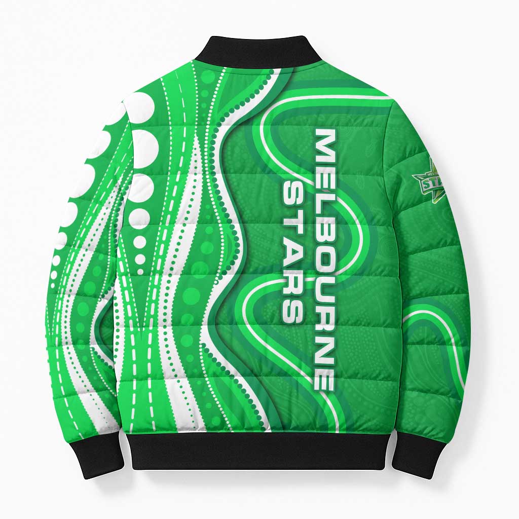 Melbourne Stars Bomber Puffer Jacket Aboriginal Dot Art Green White - Tribal Wave Pattern