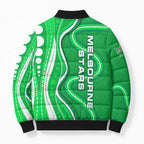 Melbourne Stars Bomber Puffer Jacket Aboriginal Dot Art Green White - Tribal Wave Pattern