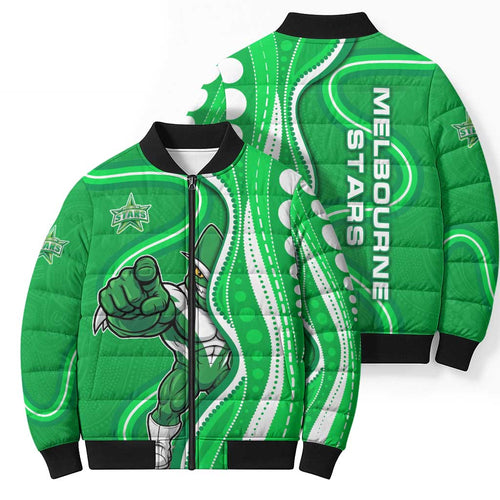 Melbourne Stars Bomber Puffer Jacket Aboriginal Dot Art Green White - Tribal Wave Pattern