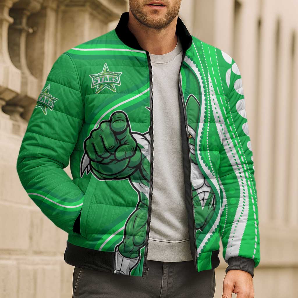 Melbourne Stars Bomber Puffer Jacket Aboriginal Dot Art Green White - Tribal Wave Pattern