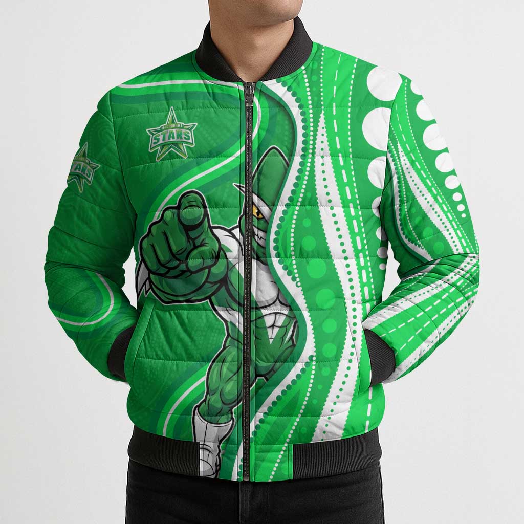 Melbourne Stars Bomber Puffer Jacket Aboriginal Dot Art Green White - Tribal Wave Pattern