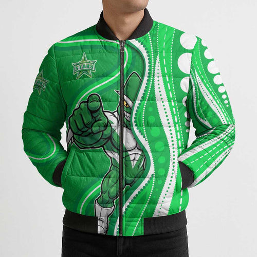 Melbourne Stars Bomber Puffer Jacket Aboriginal Dot Art Green White - Tribal Wave Pattern