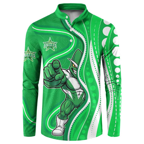 Melbourne Stars Button Sweatshirt Aboriginal Dot Art Green White - Tribal Wave Pattern