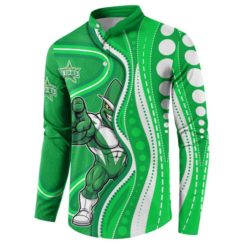 Melbourne Stars Button Sweatshirt Aboriginal Dot Art Green White - Tribal Wave Pattern