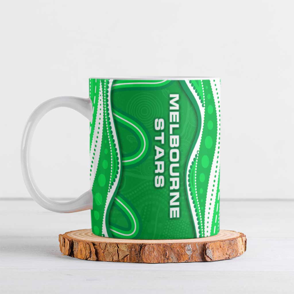 Melbourne Stars Ceramic Mug Aboriginal Dot Art Green White - Tribal Wave Pattern