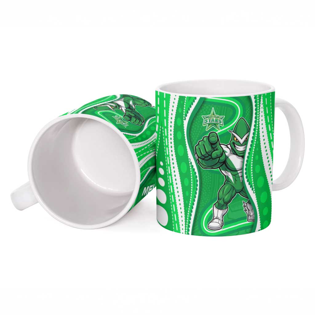 Melbourne Stars Ceramic Mug Aboriginal Dot Art Green White - Tribal Wave Pattern