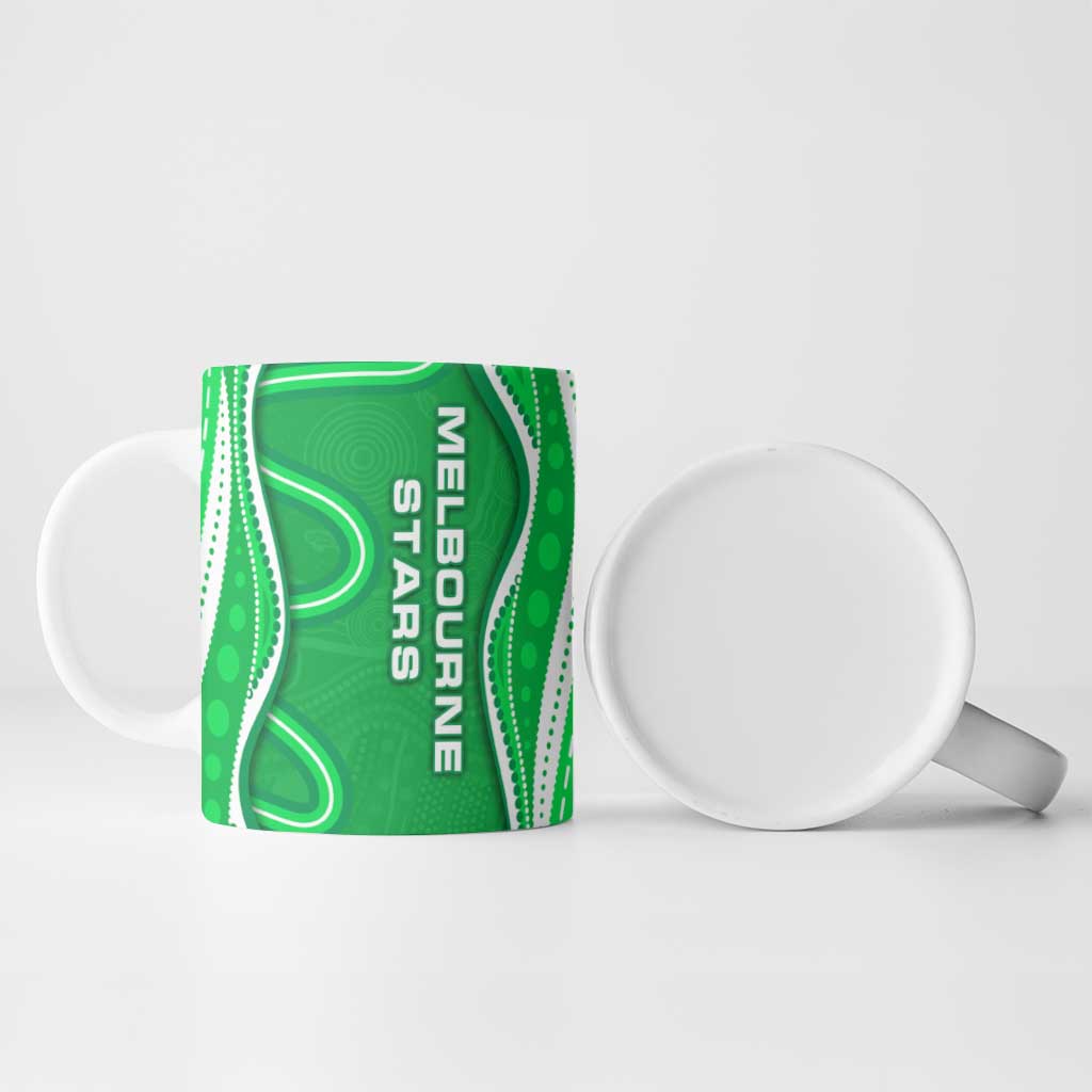 Melbourne Stars Ceramic Mug Aboriginal Dot Art Green White - Tribal Wave Pattern