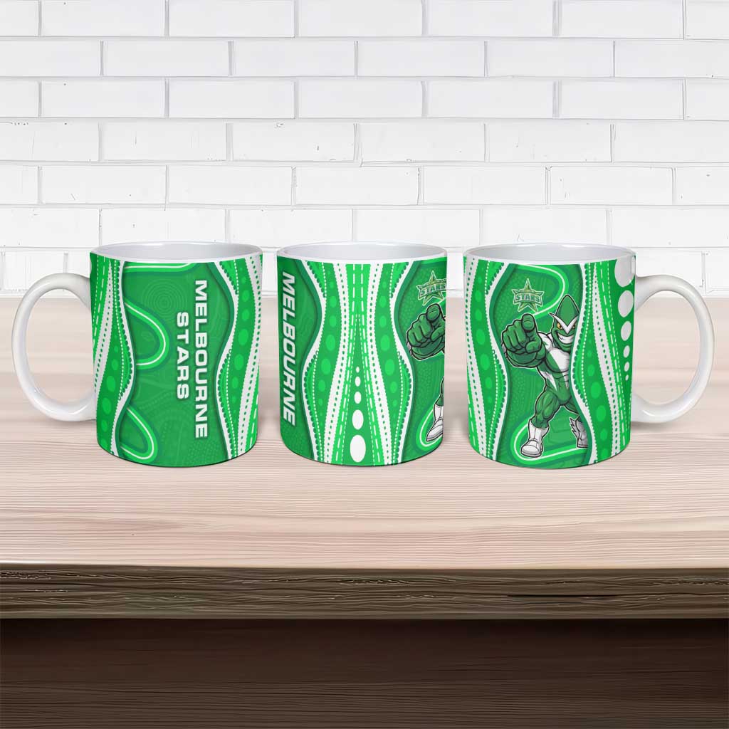 Melbourne Stars Ceramic Mug Aboriginal Dot Art Green White - Tribal Wave Pattern