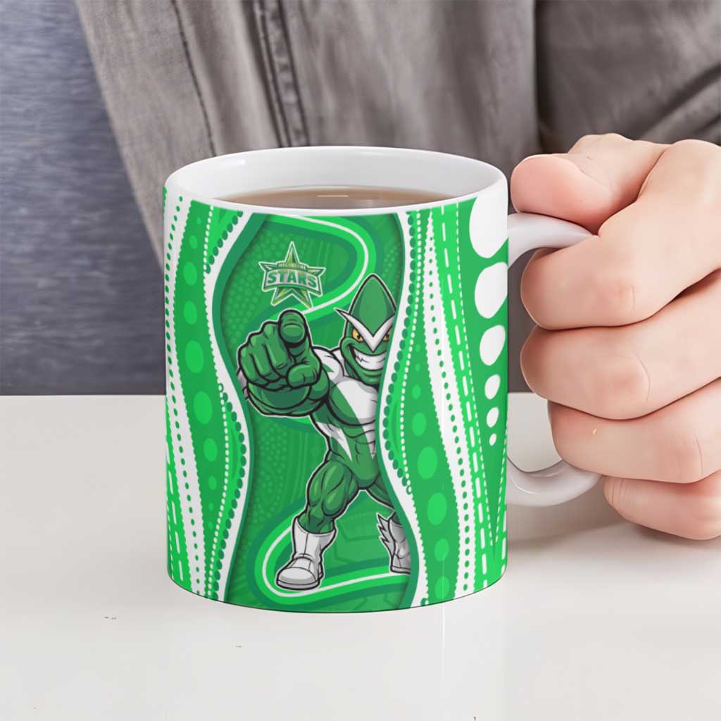 Melbourne Stars Ceramic Mug Aboriginal Dot Art Green White - Tribal Wave Pattern