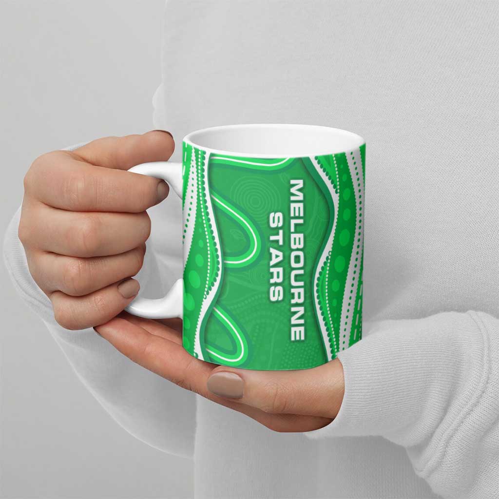 Melbourne Stars Ceramic Mug Aboriginal Dot Art Green White - Tribal Wave Pattern