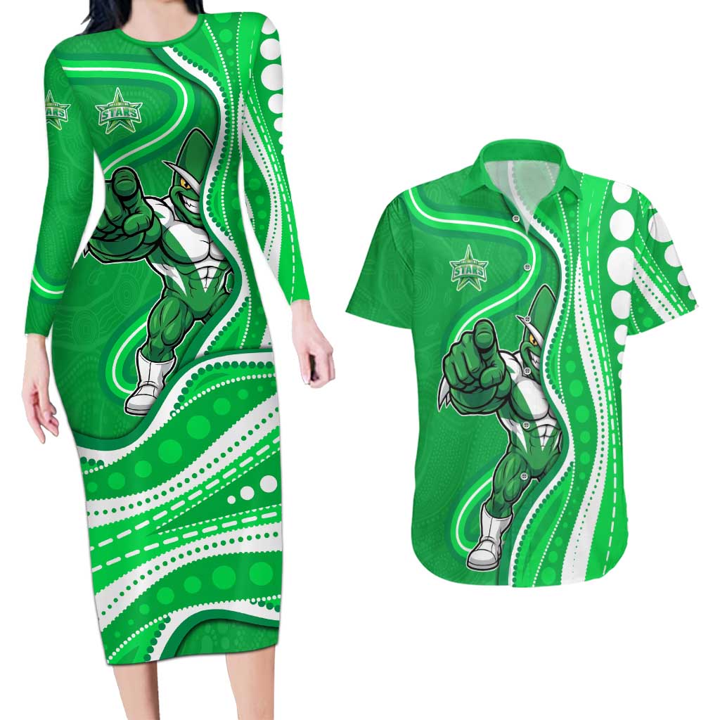 Melbourne Stars Couples Matching Long Sleeve Bodycon Dress and Hawaiian Shirt Aboriginal Dot Art Green White - Tribal Wave Pattern
