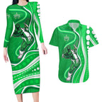 Melbourne Stars Couples Matching Long Sleeve Bodycon Dress and Hawaiian Shirt Aboriginal Dot Art Green White - Tribal Wave Pattern