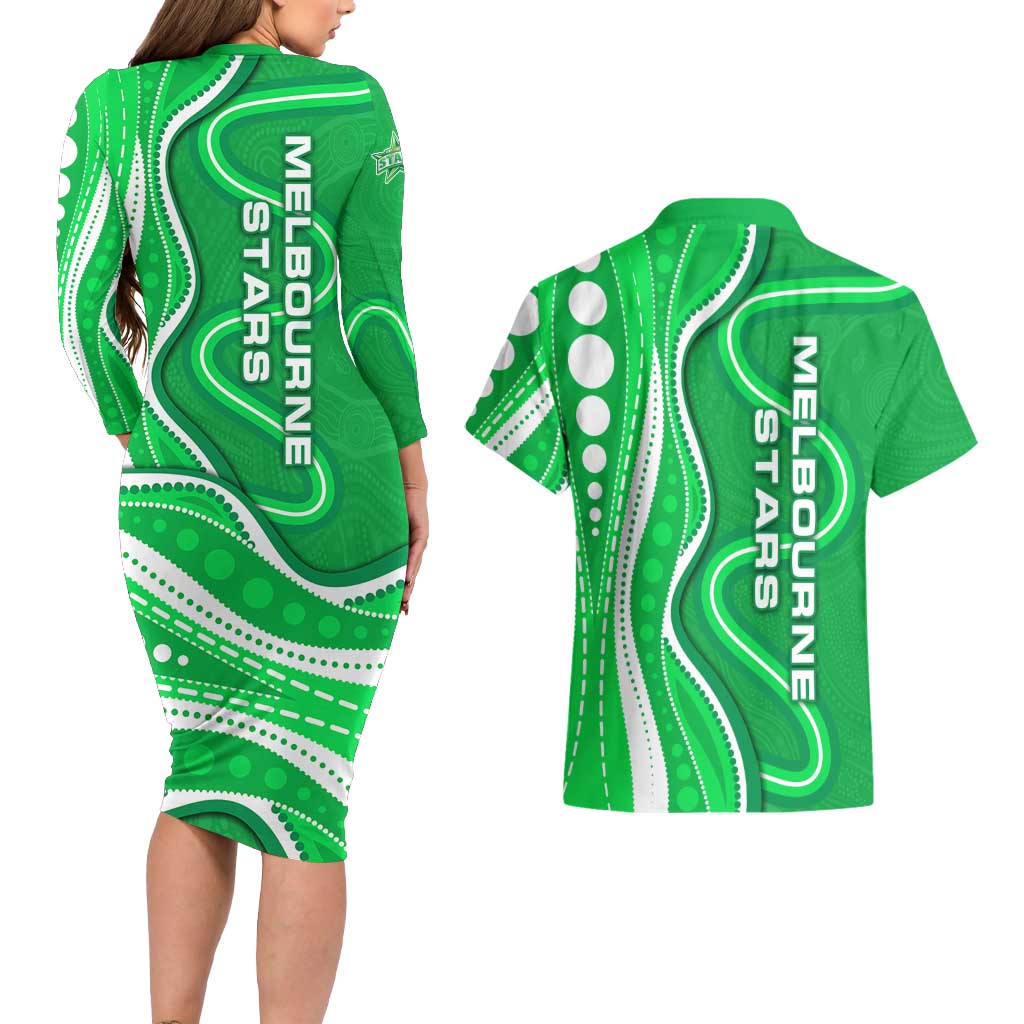 Melbourne Stars Couples Matching Long Sleeve Bodycon Dress and Hawaiian Shirt Aboriginal Dot Art Green White - Tribal Wave Pattern