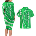 Melbourne Stars Couples Matching Long Sleeve Bodycon Dress and Hawaiian Shirt Aboriginal Dot Art Green White - Tribal Wave Pattern