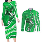 Melbourne Stars Couples Matching Long Sleeve Bodycon Dress and Long Sleeve Button Shirt Aboriginal Dot Art Green White - Tribal Wave Pattern