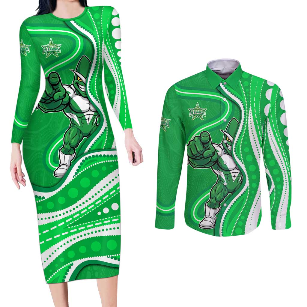 Melbourne Stars Couples Matching Long Sleeve Bodycon Dress and Long Sleeve Button Shirt Aboriginal Dot Art Green White - Tribal Wave Pattern