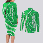 Melbourne Stars Couples Matching Long Sleeve Bodycon Dress and Long Sleeve Button Shirt Aboriginal Dot Art Green White - Tribal Wave Pattern