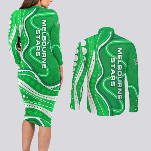 Melbourne Stars Couples Matching Long Sleeve Bodycon Dress and Long Sleeve Button Shirt Aboriginal Dot Art Green White - Tribal Wave Pattern