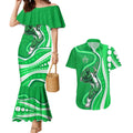 Melbourne Stars Couples Matching Mermaid Dress and Hawaiian Shirt Aboriginal Dot Art Green White - Tribal Wave Pattern
