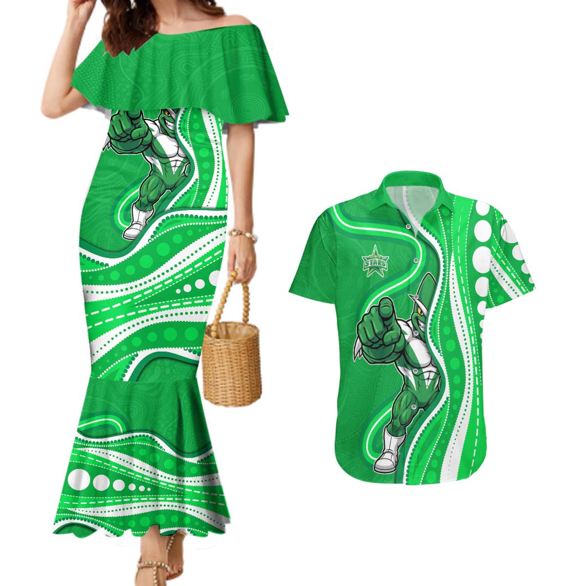 Melbourne Stars Couples Matching Mermaid Dress and Hawaiian Shirt Aboriginal Dot Art Green White - Tribal Wave Pattern
