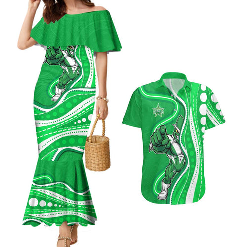 Melbourne Stars Couples Matching Mermaid Dress and Hawaiian Shirt Aboriginal Dot Art Green White - Tribal Wave Pattern