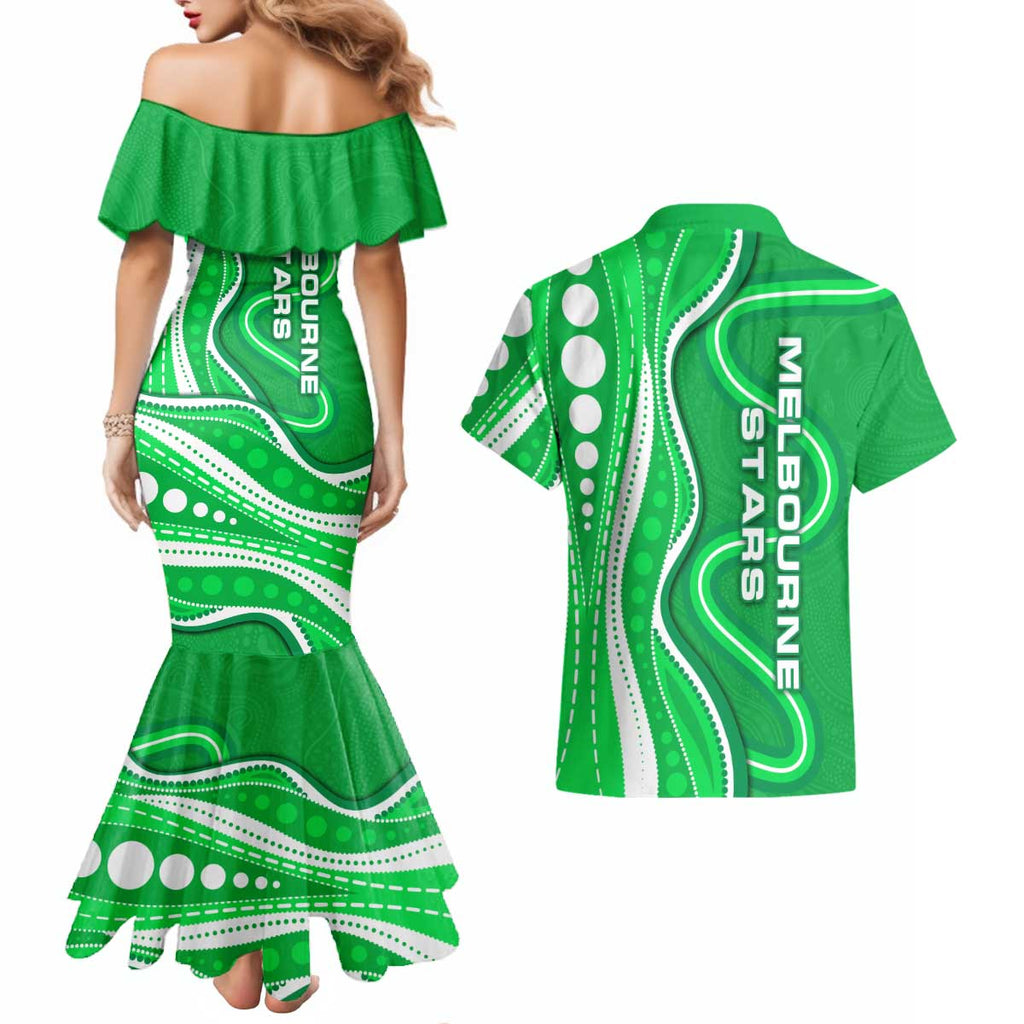 Melbourne Stars Couples Matching Mermaid Dress and Hawaiian Shirt Aboriginal Dot Art Green White - Tribal Wave Pattern