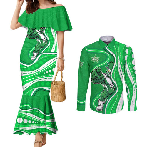 Melbourne Stars Couples Matching Mermaid Dress and Long Sleeve Button Shirt Aboriginal Dot Art Green White - Tribal Wave Pattern