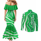 Melbourne Stars Couples Matching Mermaid Dress and Long Sleeve Button Shirt Aboriginal Dot Art Green White - Tribal Wave Pattern