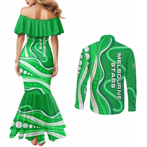 Melbourne Stars Couples Matching Mermaid Dress and Long Sleeve Button Shirt Aboriginal Dot Art Green White - Tribal Wave Pattern