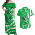 Melbourne Stars Couples Matching Off Shoulder Maxi Dress and Hawaiian Shirt Aboriginal Dot Art Green White - Tribal Wave Pattern