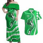 Melbourne Stars Couples Matching Off Shoulder Maxi Dress and Hawaiian Shirt Aboriginal Dot Art Green White - Tribal Wave Pattern