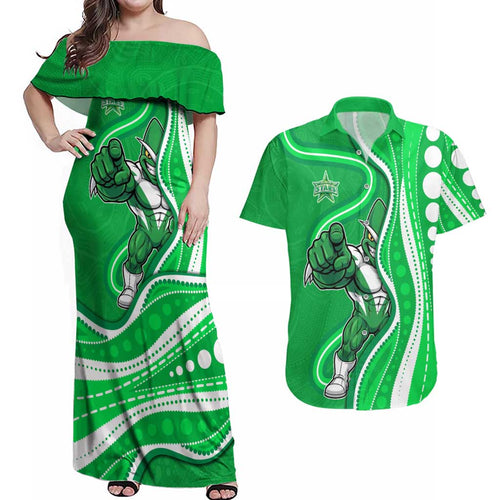 Melbourne Stars Couples Matching Off Shoulder Maxi Dress and Hawaiian Shirt Aboriginal Dot Art Green White - Tribal Wave Pattern