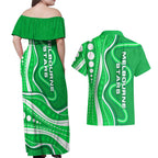 Melbourne Stars Couples Matching Off Shoulder Maxi Dress and Hawaiian Shirt Aboriginal Dot Art Green White - Tribal Wave Pattern