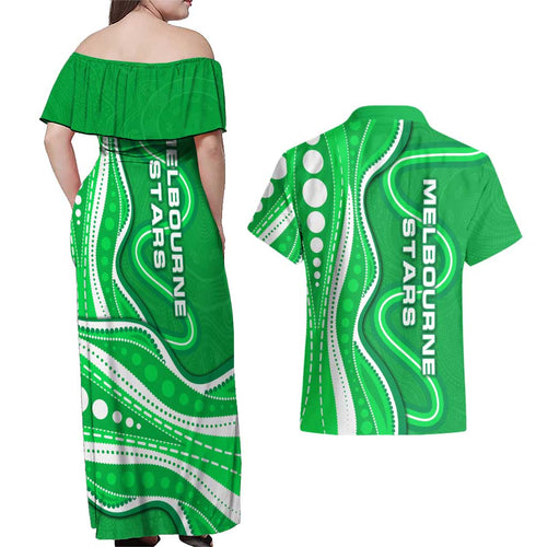 Melbourne Stars Couples Matching Off Shoulder Maxi Dress and Hawaiian Shirt Aboriginal Dot Art Green White - Tribal Wave Pattern