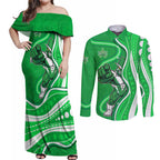 Melbourne Stars Couples Matching Off Shoulder Maxi Dress and Long Sleeve Button Shirt Aboriginal Dot Art Green White - Tribal Wave Pattern